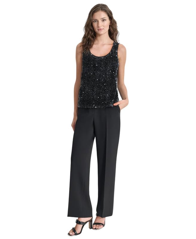 DKNY Womens Sequined Scoop Neck Sleeveless Tank Top Black Large
