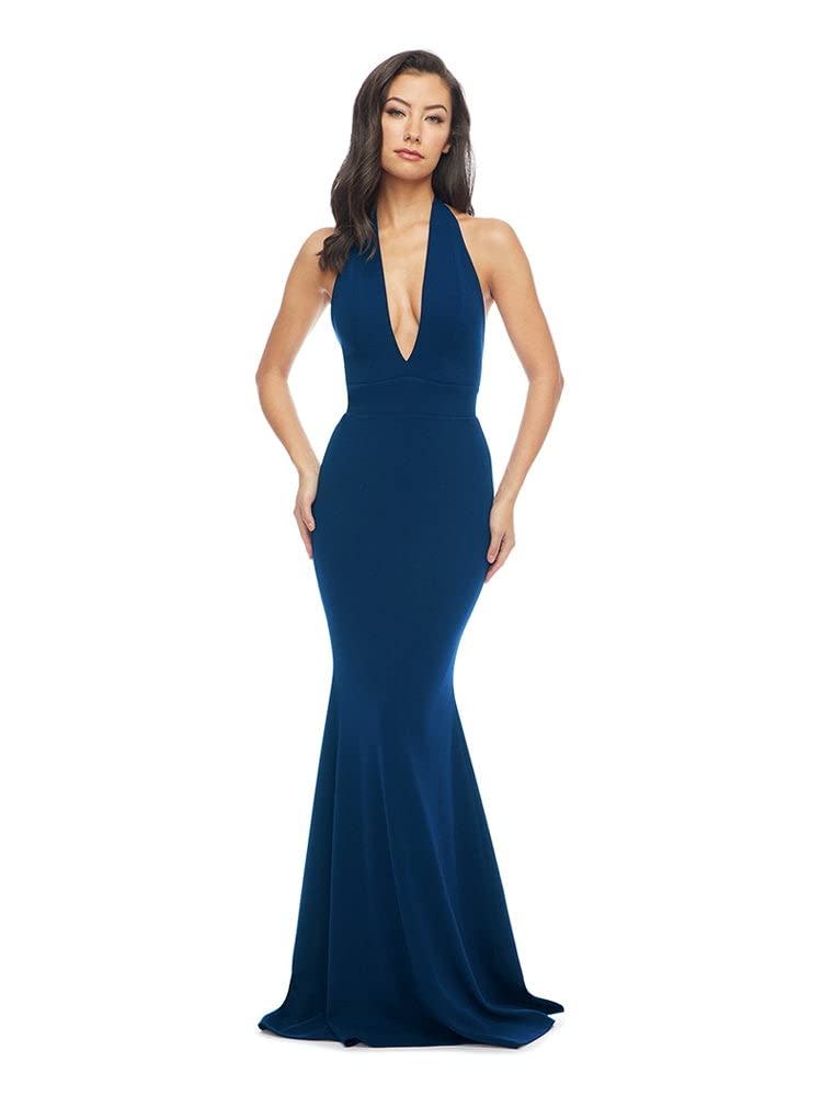 Dress the Population Women's Camden Halter Chiffon Maxi Dress, Peacock Blue, X-Small