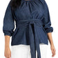 ELOQUII Women's Plus Size Dramatic Faux Wrap Top - 18, Dark Wash