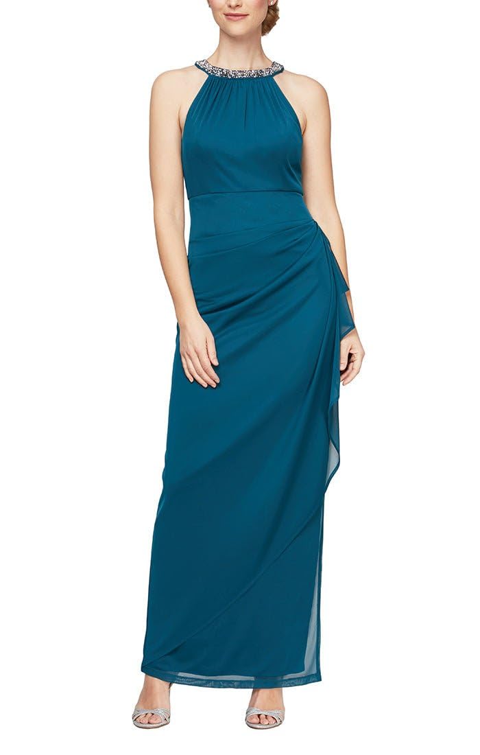 Alex Evenings Women's Long Halter Dress, Peacock, 12