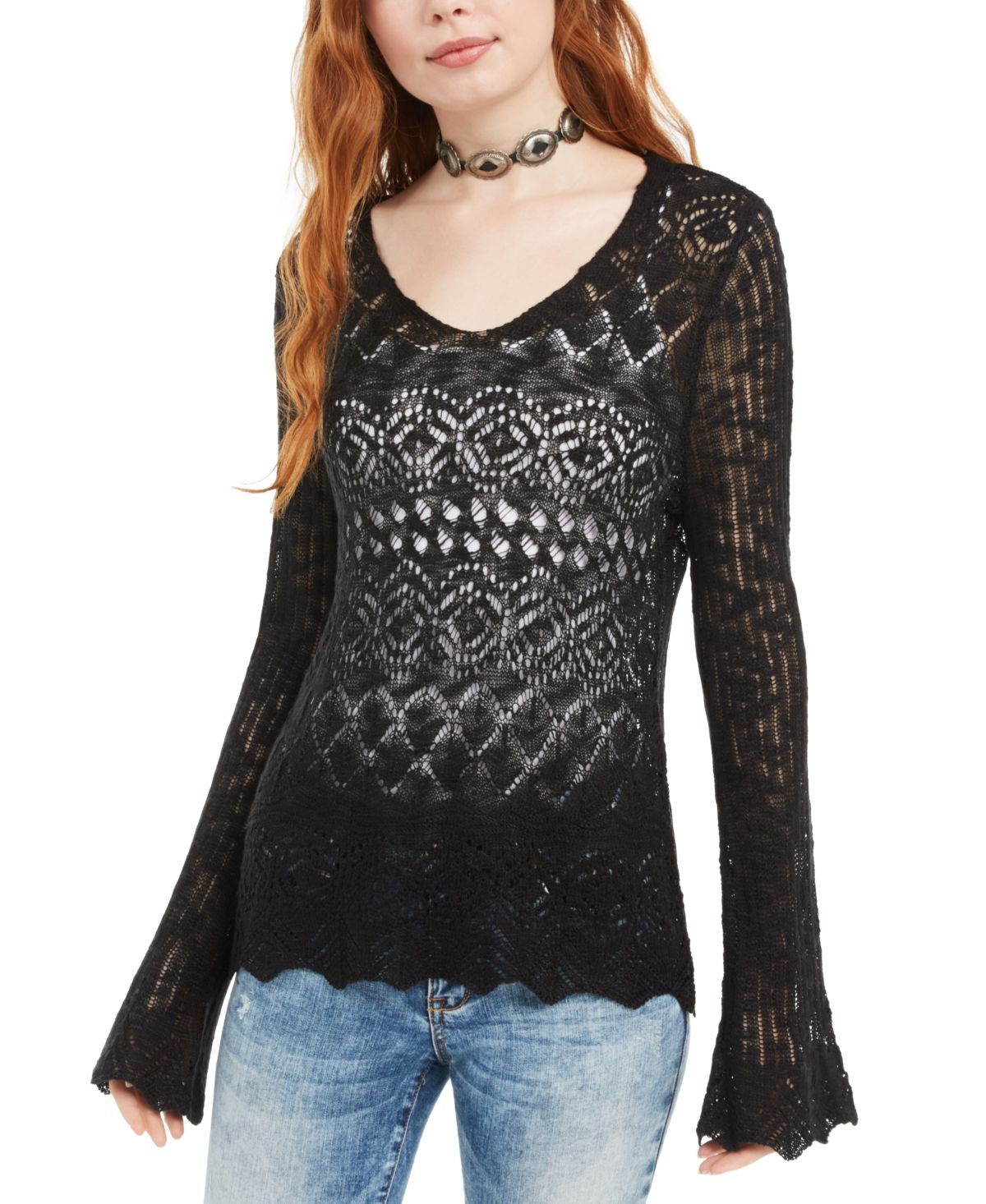 American Rag Juniors'' Pointelle-Knit Flared-Sleeve Sweater Black Size Medium