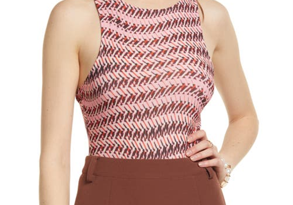 Open Edit High Crewneck Cutout Bodysuit In Pink Peony Wave Geometric Size X-Small