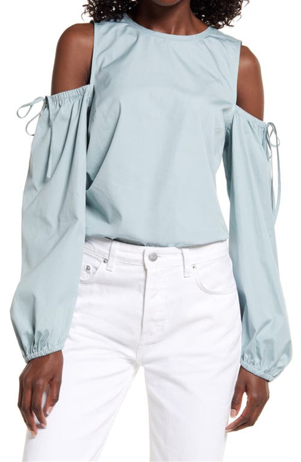 Medium Size Open Edit Teal Mist Cold Shoulder Cotton Poplin Shirt
