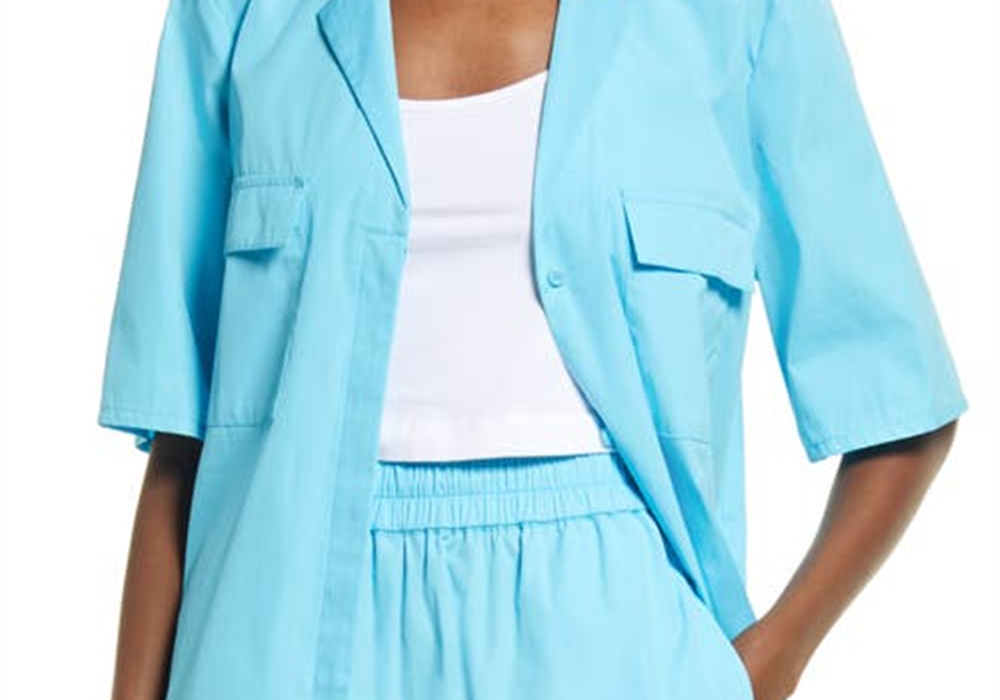 Medium Size Blue Open Edit Cotton Poplin Camp Shirt with Button-Up