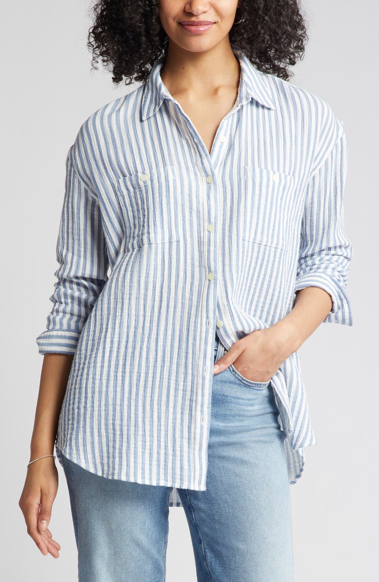 Caslon Plaid Cotton Gauze Shirt, Ivory Pink Teal Stripe, Medium Size