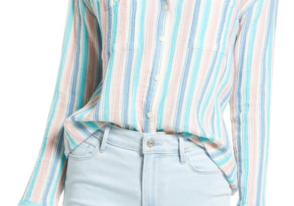 Caslon Plaid Cotton Gauze Shirt, Ivory Pink Teal Stripe, Medium Size