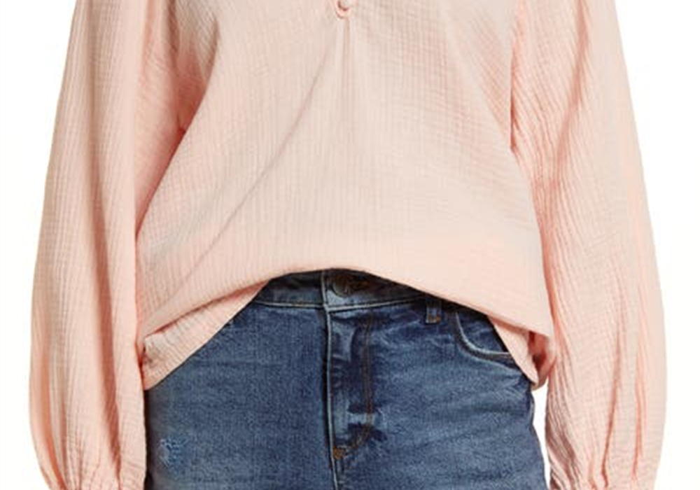 Small-Size Caslon Raglan Sleeve Seersucker Top in Pink Chintz