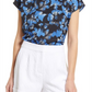 Halogen Cap Sleeve Satin Blouse in Black Blue Fan Floral Size XS