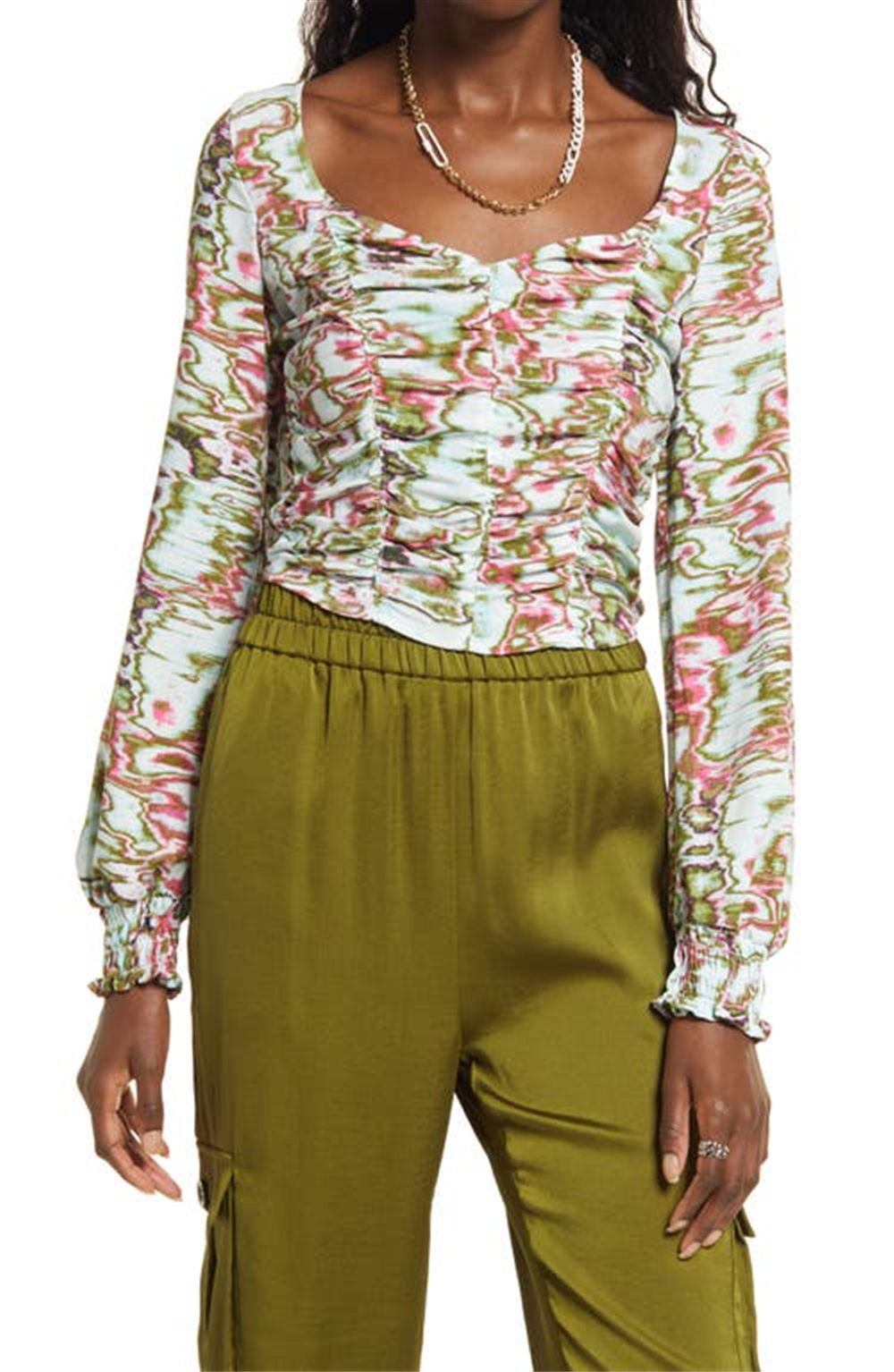 Medium Size Open Edit Ruched Blue-Green Ripple Crop Top
