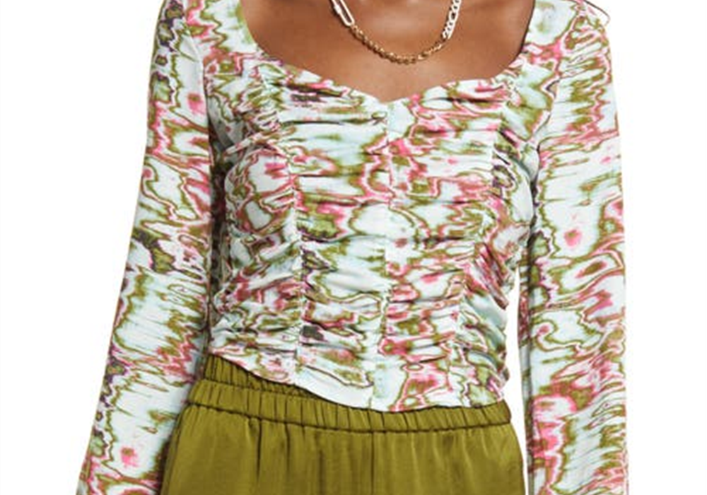 Medium Size Open Edit Ruched Blue-Green Ripple Crop Top