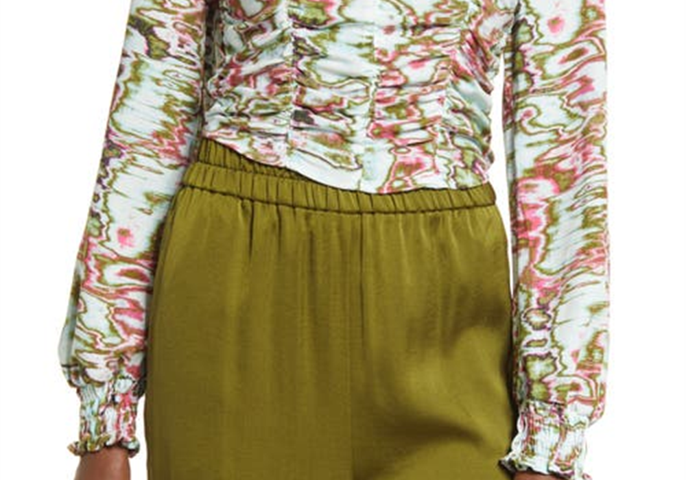 Medium Size Open Edit Ruched Blue-Green Ripple Crop Top