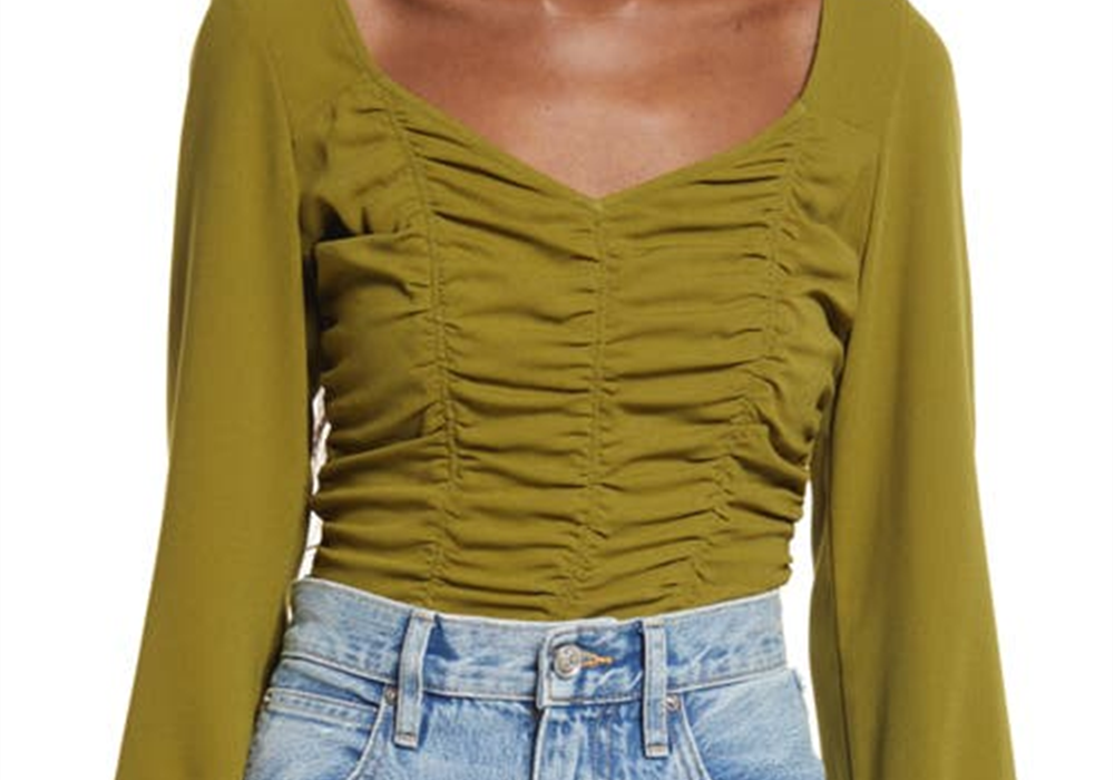 Open Edit Medium Size Ruched Crop Top in Olive Avocado