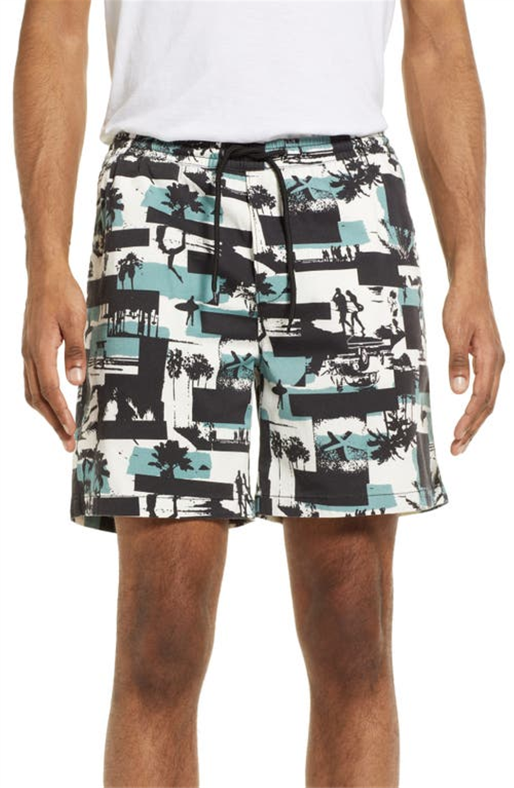 Open Edit Print E-Waist Shorts In White- Teal Surfs Up Collage Size X-Large