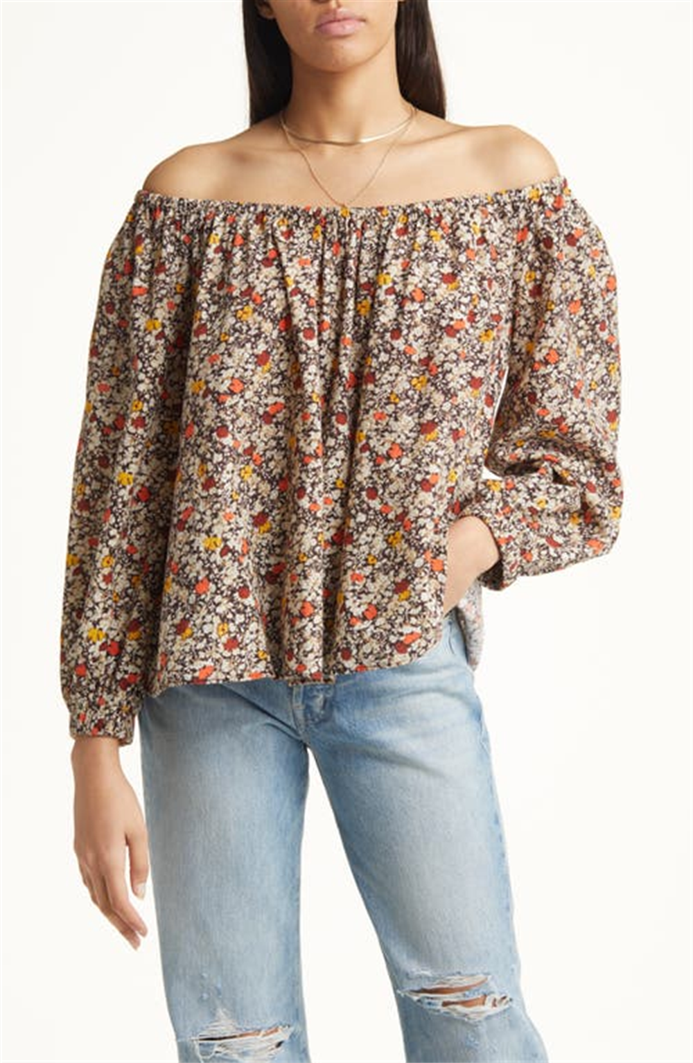 Treasure & Bond Shirred Off The Shoulder Top In Brown- Ivory Cally Floral Size Large