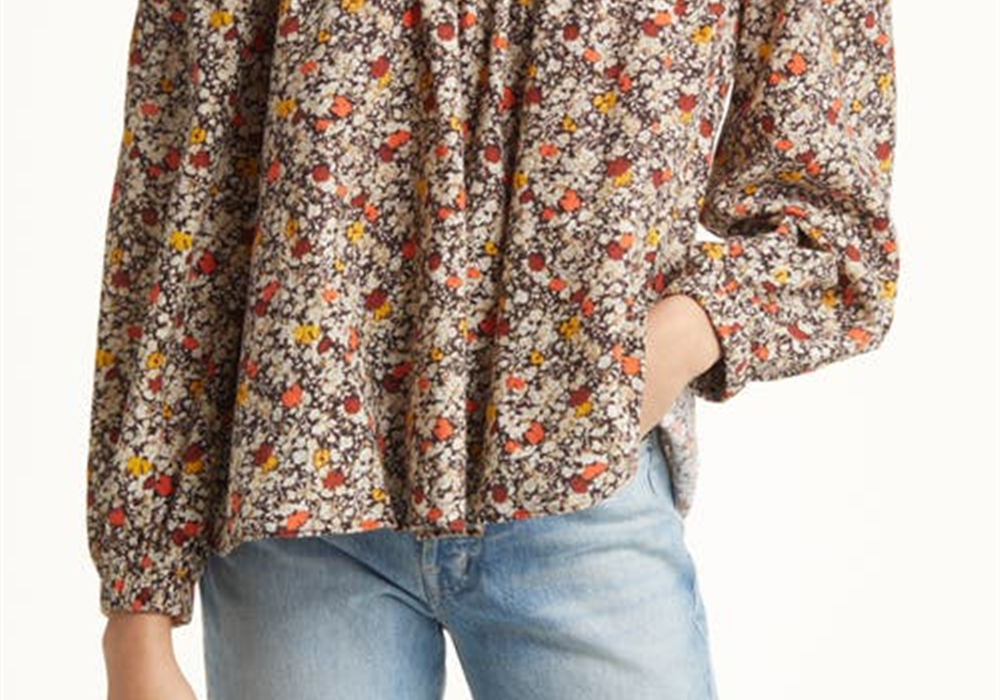 Treasure & Bond Shirred Off The Shoulder Top In Brown- Ivory Cally Floral Size Large