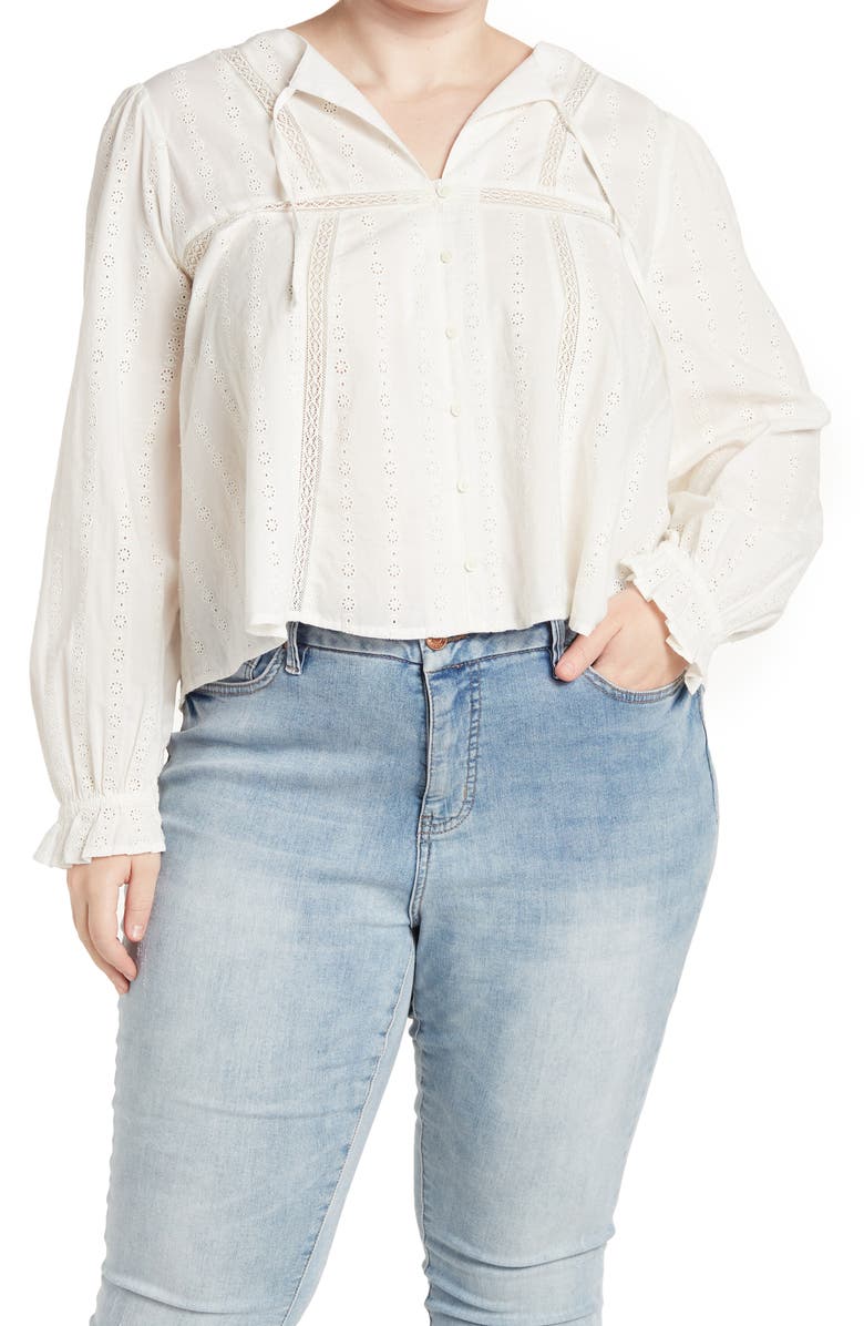 Treasure & Bond Shiffly Tie Neck Eyelet Top In Ivory Size 3X