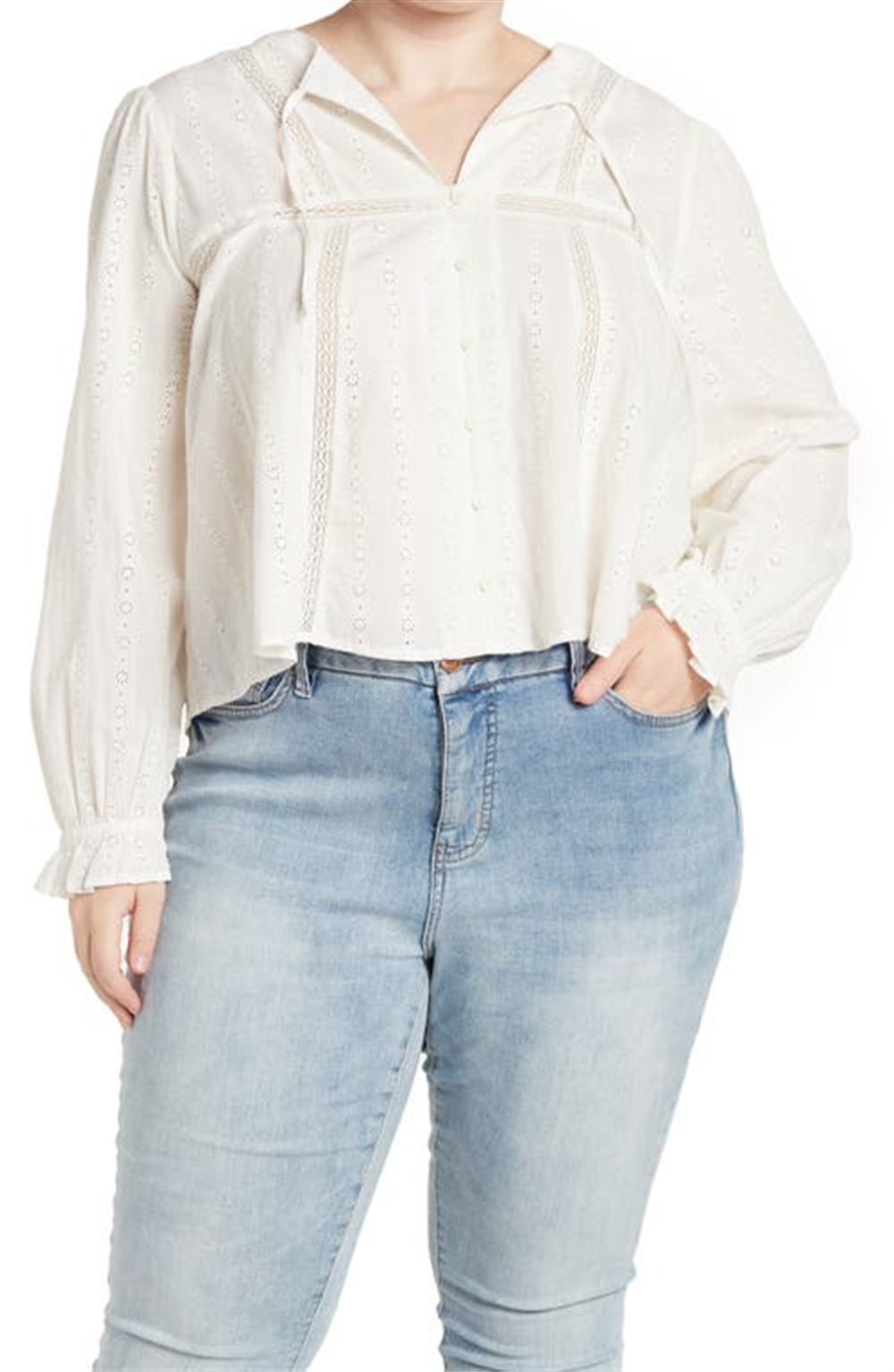 Treasure & Bond Shiffly Tie Neck Eyelet Top In Ivory Size 3X