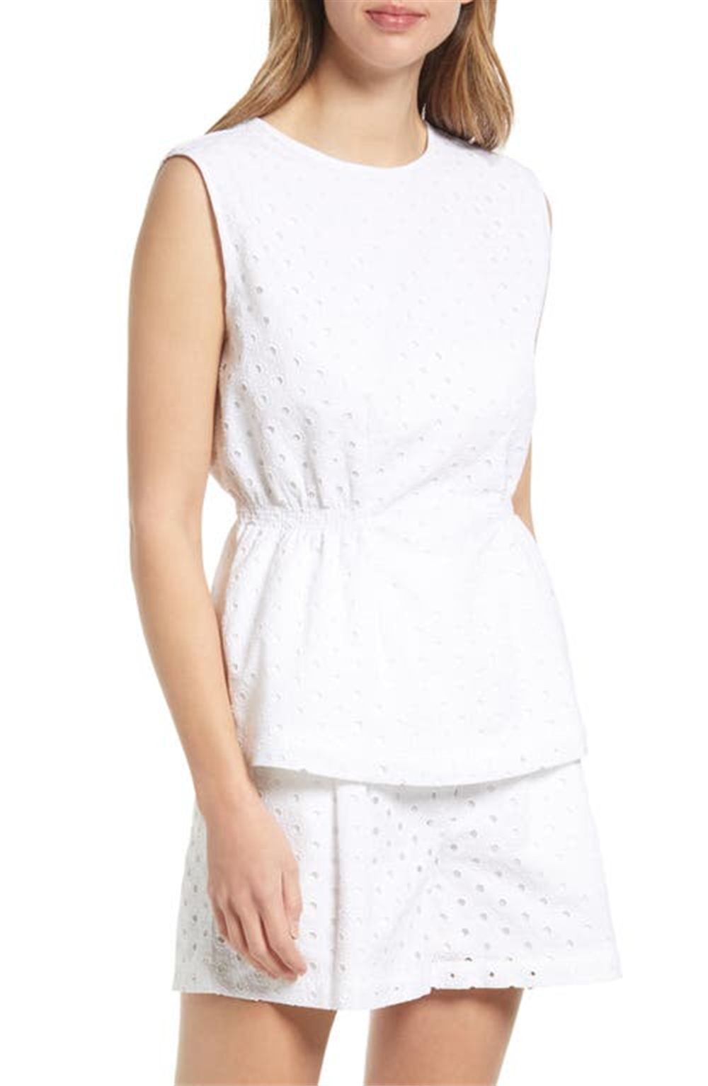 Large Size White Halogen Eyelet Smocked Waist Top