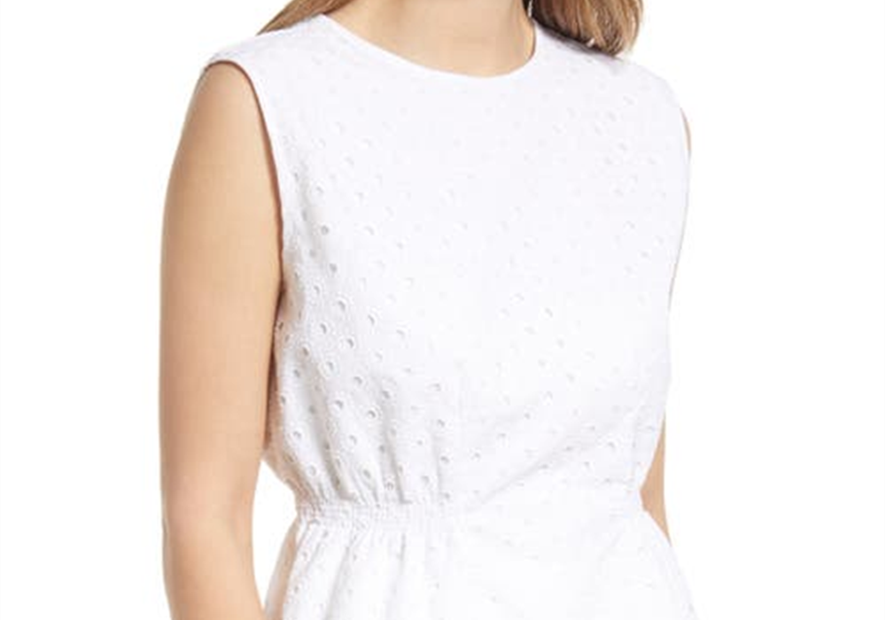 Large Size White Halogen Eyelet Smocked Waist Top