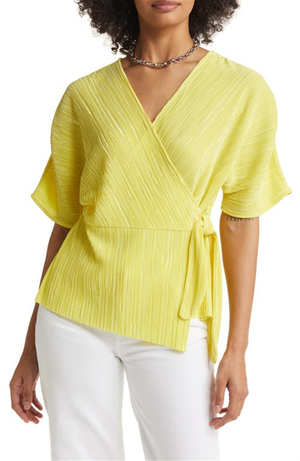 Halogen Plissé Wrap Top - Yellow Celandine - Size Large