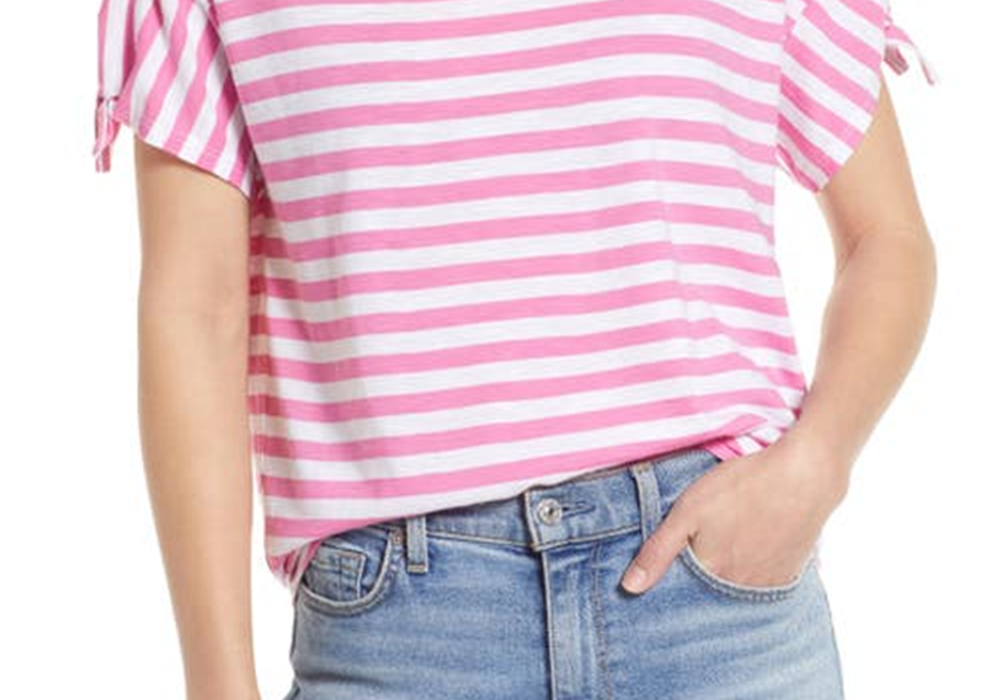 Caslon Tie Sleeve T-Shirt in Pink Ibis White Charm Stripe Size Medium