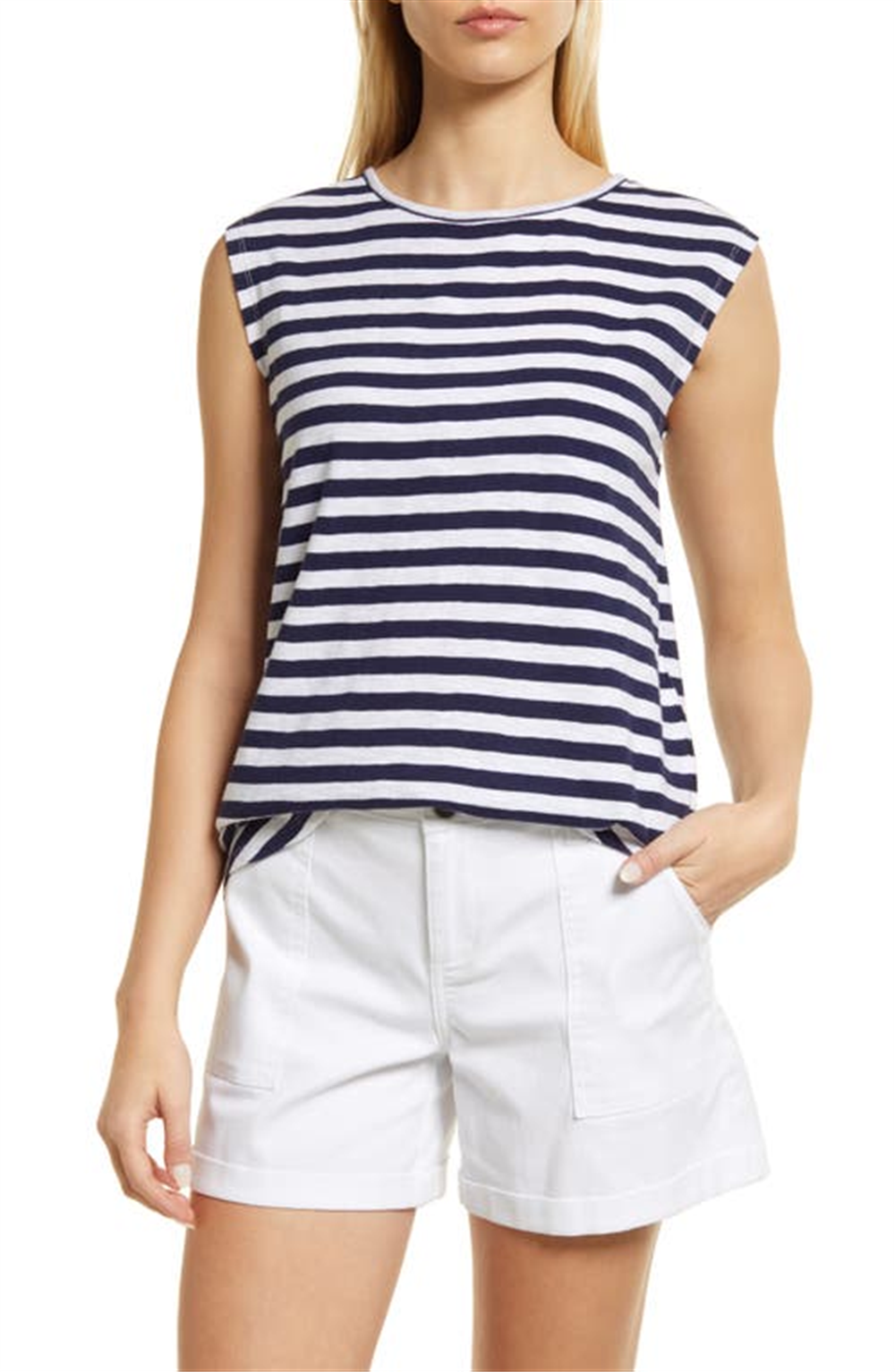 Caslon Tie Back Cap Sleeve Cotton Top Size X-Small in Navy White Charm Stripe