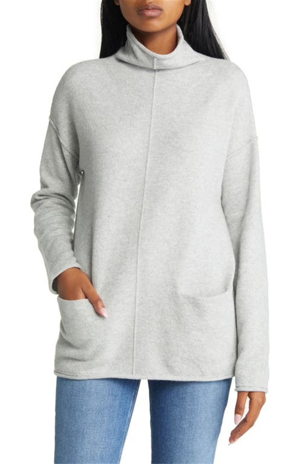 caslon(r) Pocket Funnel Neck Cotton Blend Sweater in Grey Heather , Size X-Large