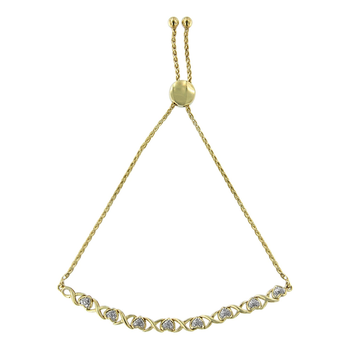 10K Yellow Gold over .925 Sterling Silver 1/10 Cttw Diamond Heart and X-Link 6â€-9â€ Adjustable Bolo Bracelet (H-I Color, I2-I3 Clarity)