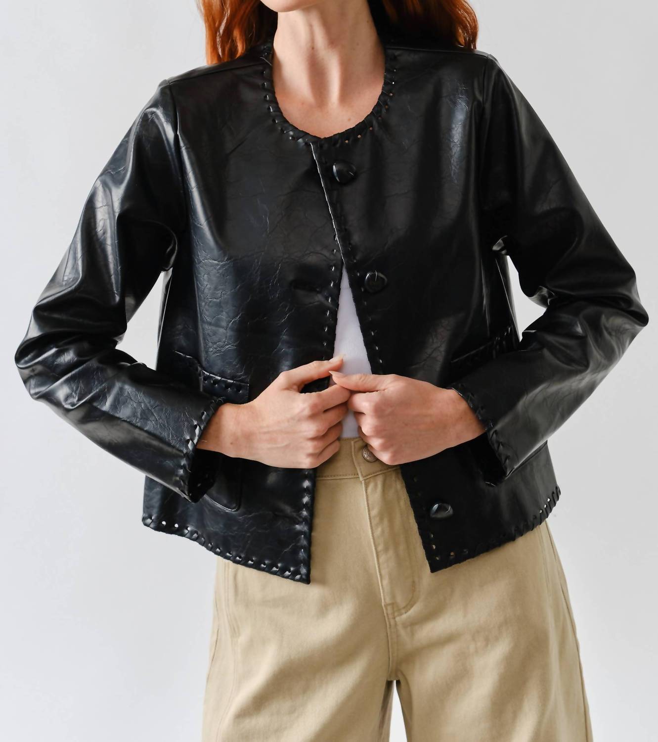 Aaron & Amber - Whipstitch Faux Leather Jacket