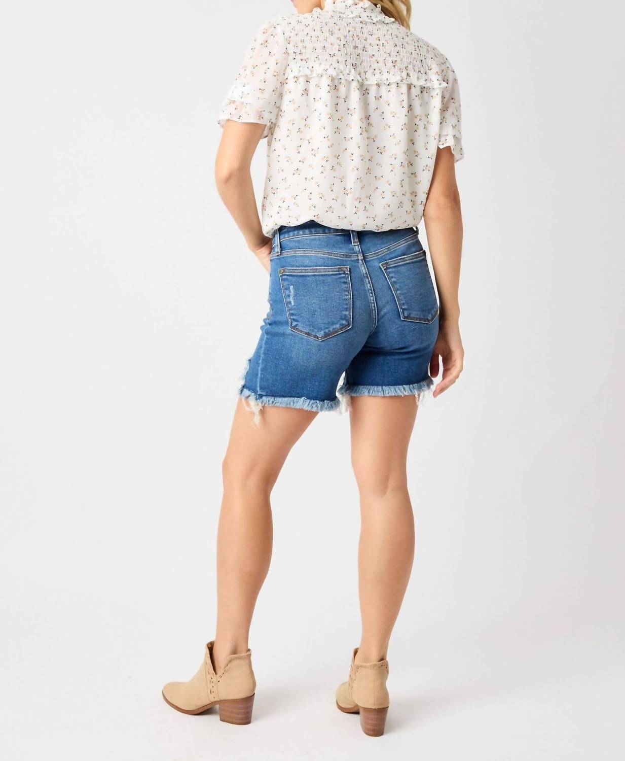 Judy Blue - Mid Rise Destroy Fray Hem Denim Shorts - Plus