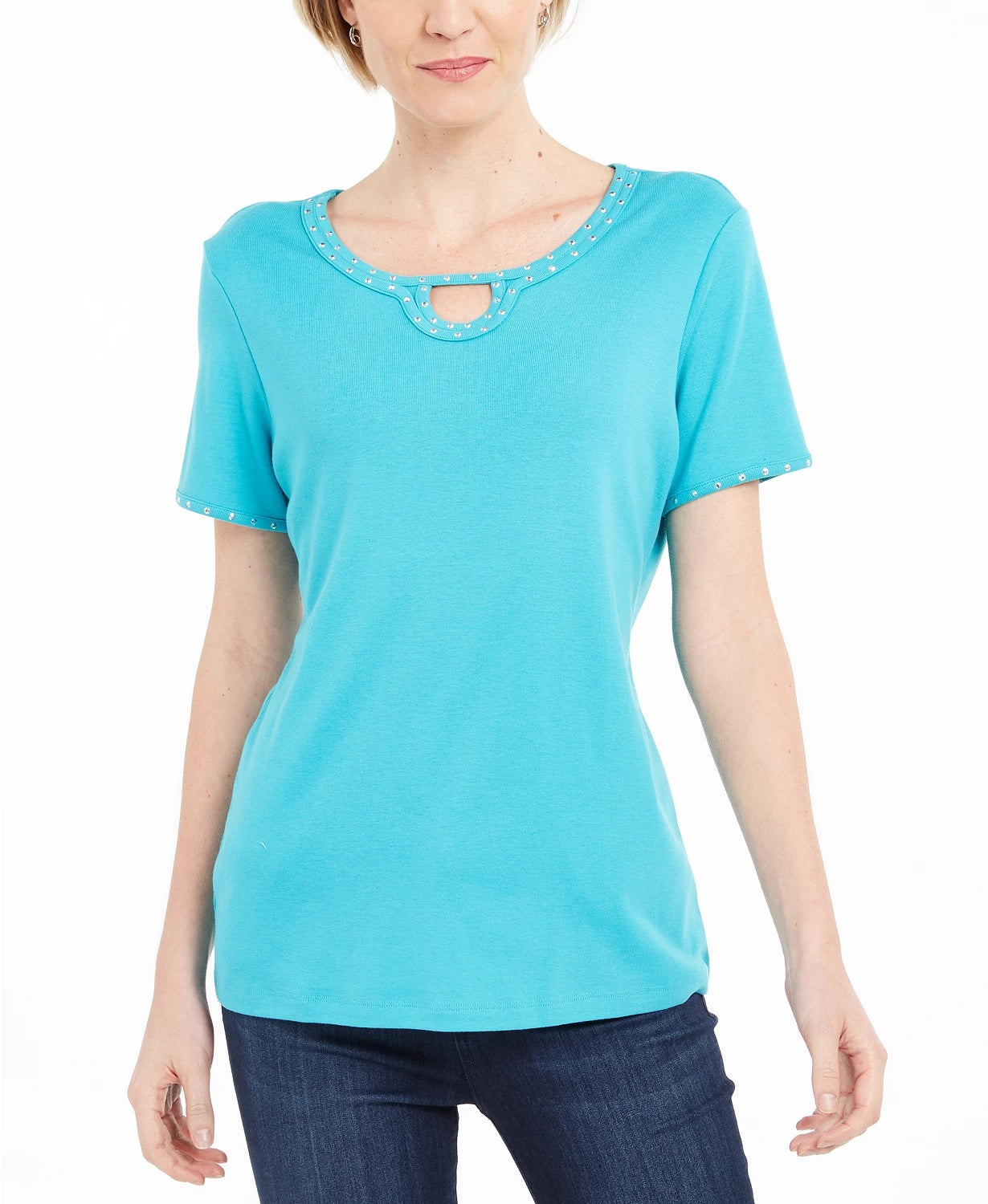 Karen Scott Women's Studded Keyhole Top Blue Size Small