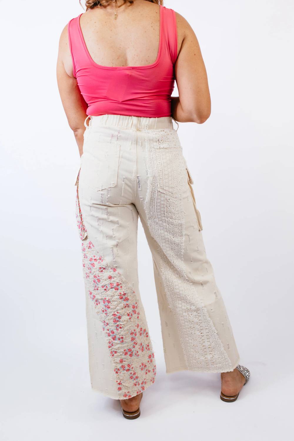 Pol - Wavy Pattern Crochet Detail Denim Pants