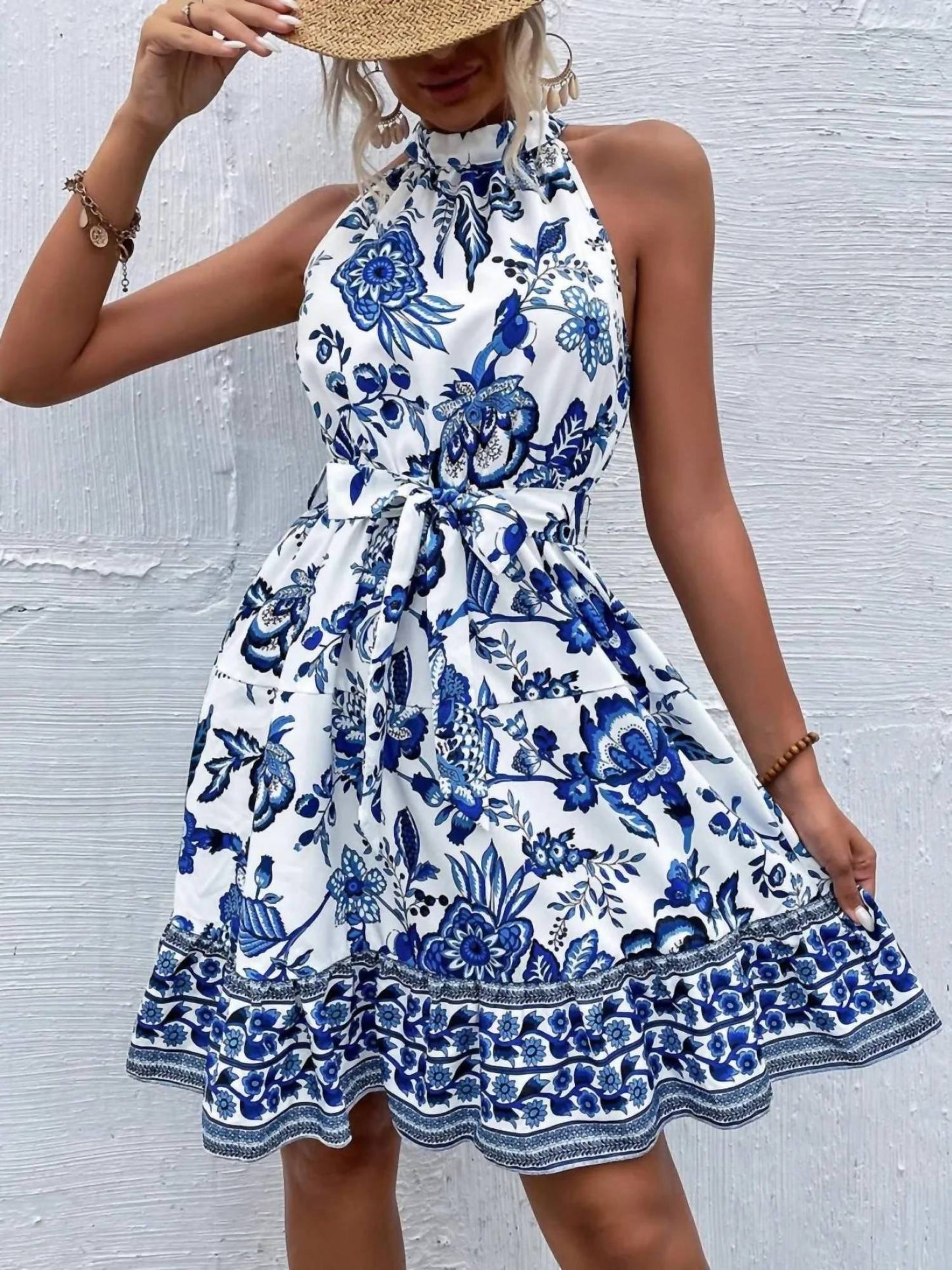 Trendsi - Printed Tie Waist Mini Dress