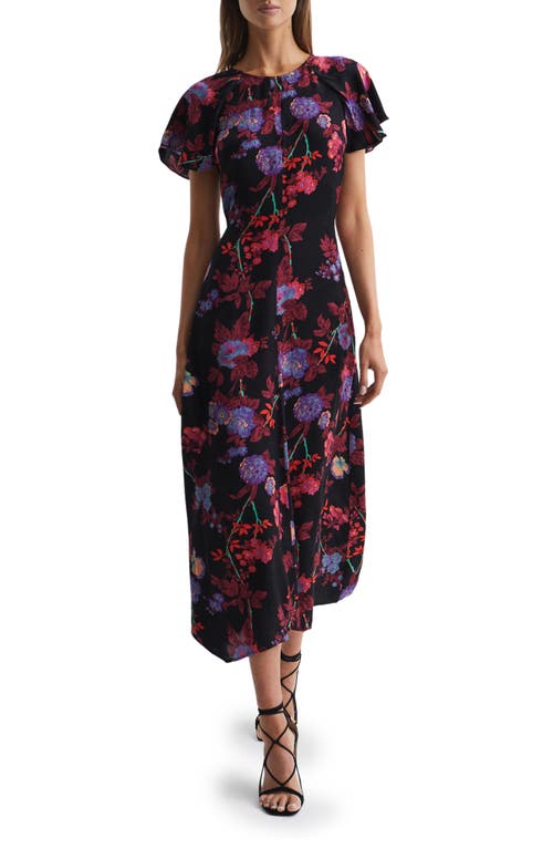 Reiss Leni Floral Flutter Sleeve Midi Dress in Black/Pink, Size 10 Us