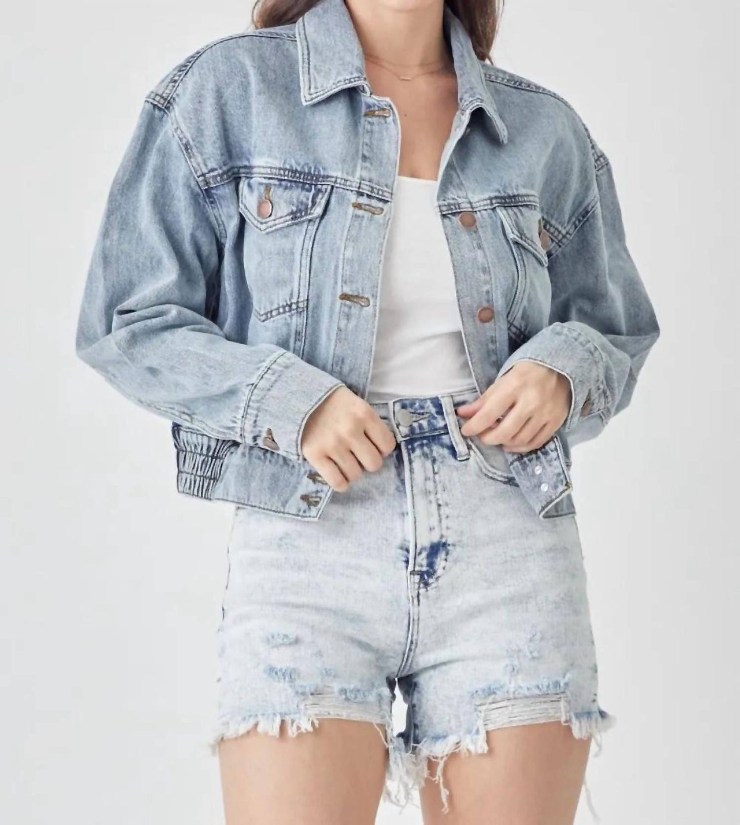 Risen - Full Size Button Down Cropped Denim Jacket