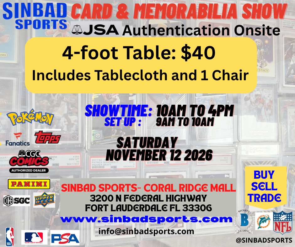 Sinbad Sports Card Show November 14, 2026 - 4 Foot Vendor Table