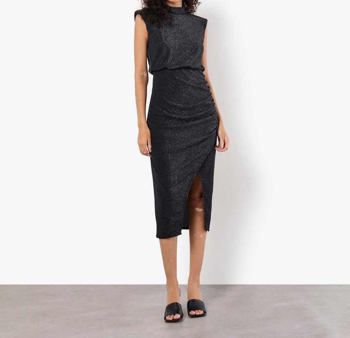 Apricot - Sparkle Mock Neck Ruched Midi Dress