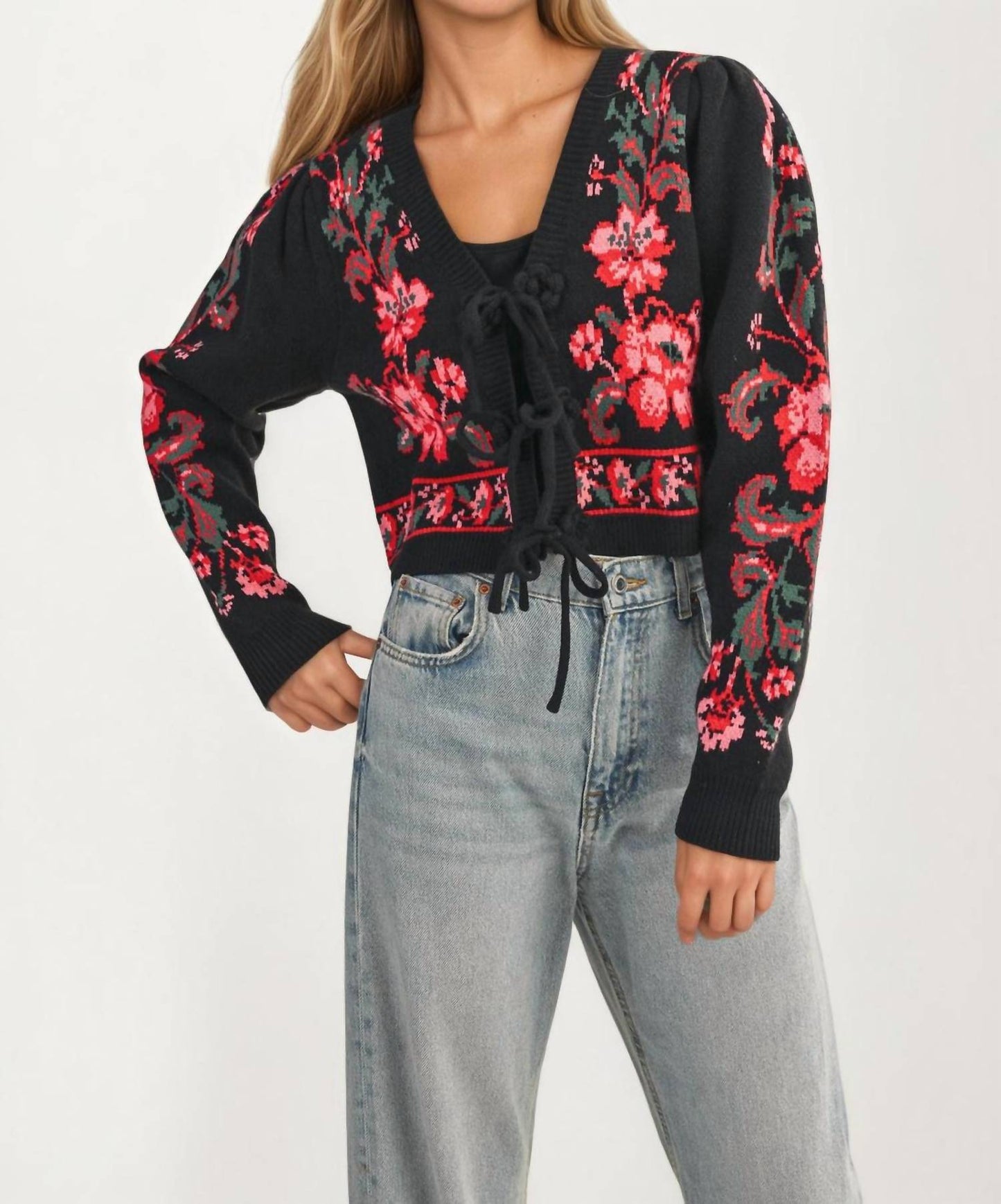 &Merci - Floral Knit Tie Front Cardigan