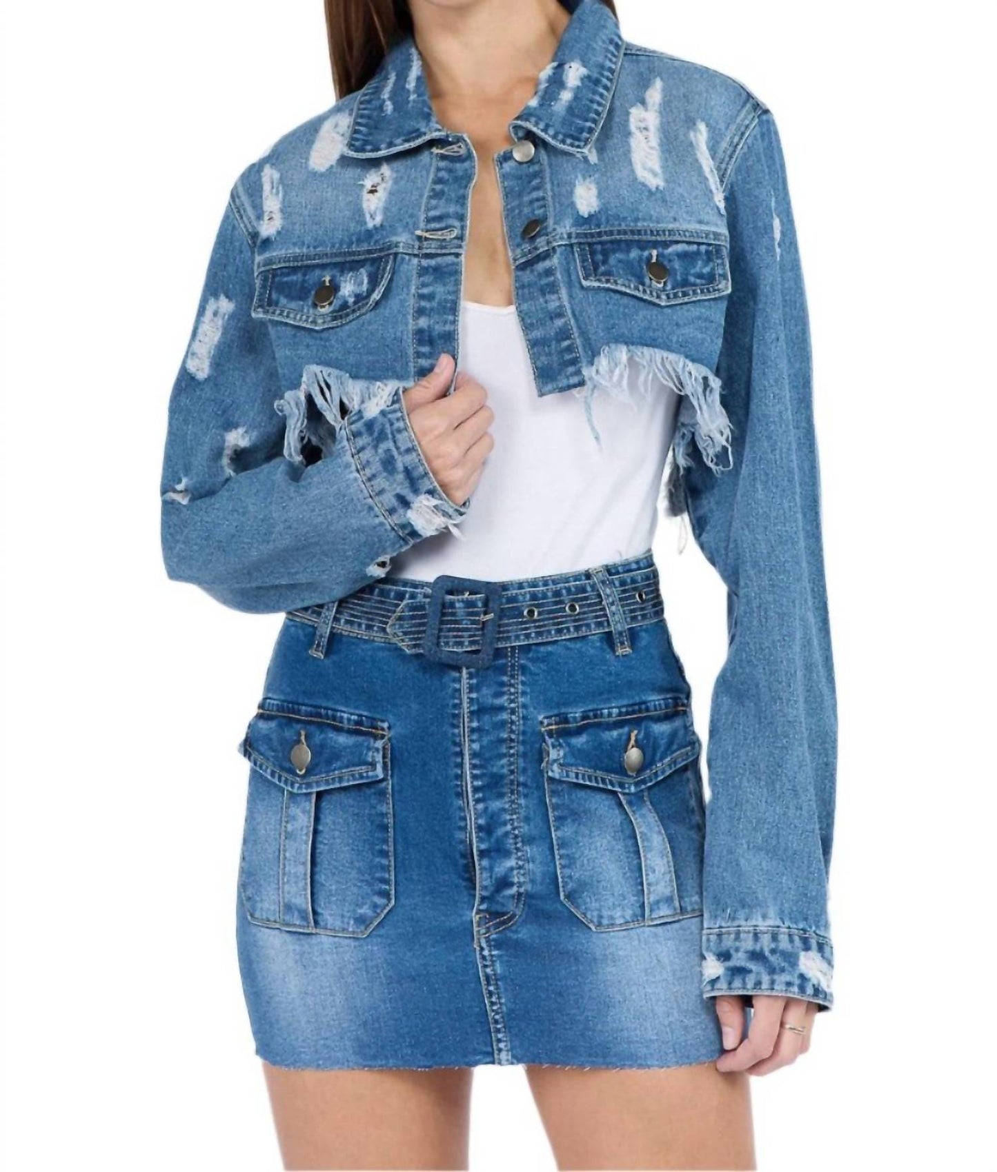 American Bazi - Chic Cropped Distressed Denim Jacket