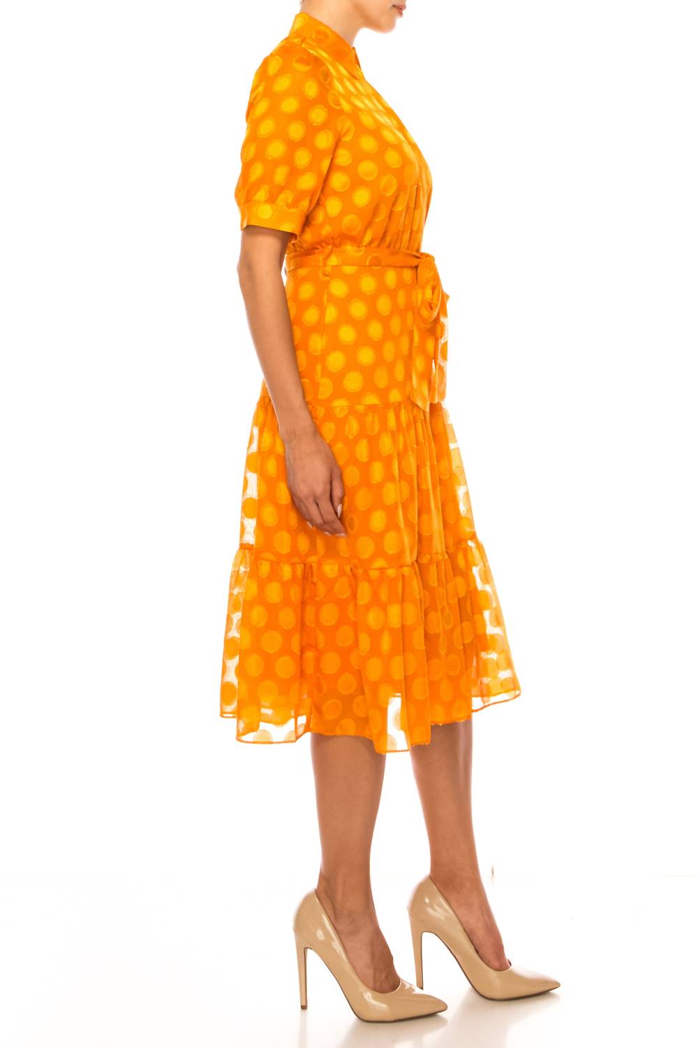 Nicole Miller - Dotted Collared Belted Shirt Dress