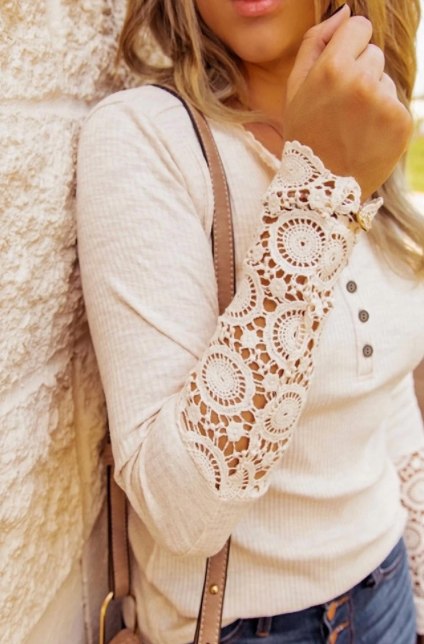 1 The Woman - Crochet Lace Hem Sleeve Button Top