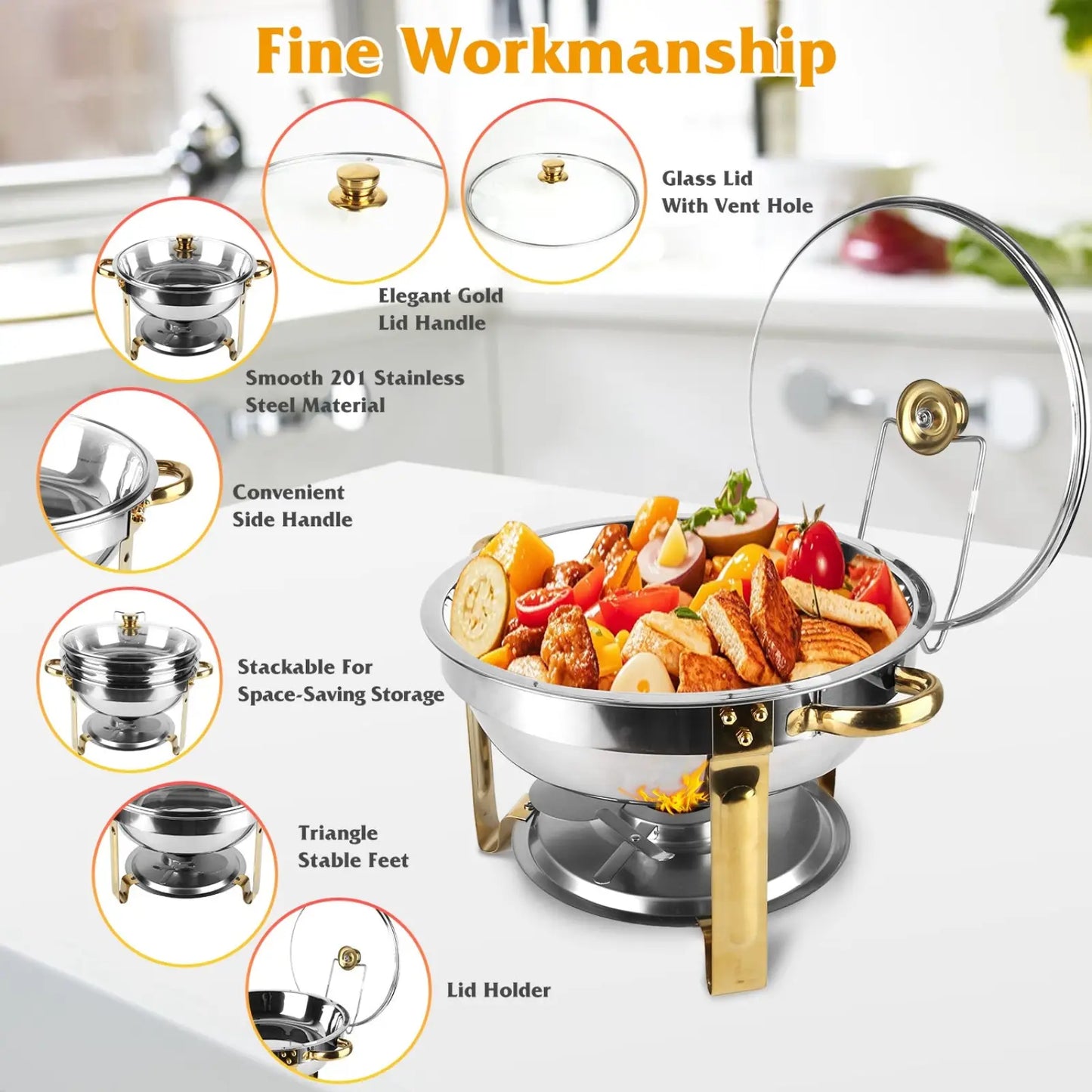 4pcs Round Chafing Dish Buffet Set 4.76qt Stainless Steel