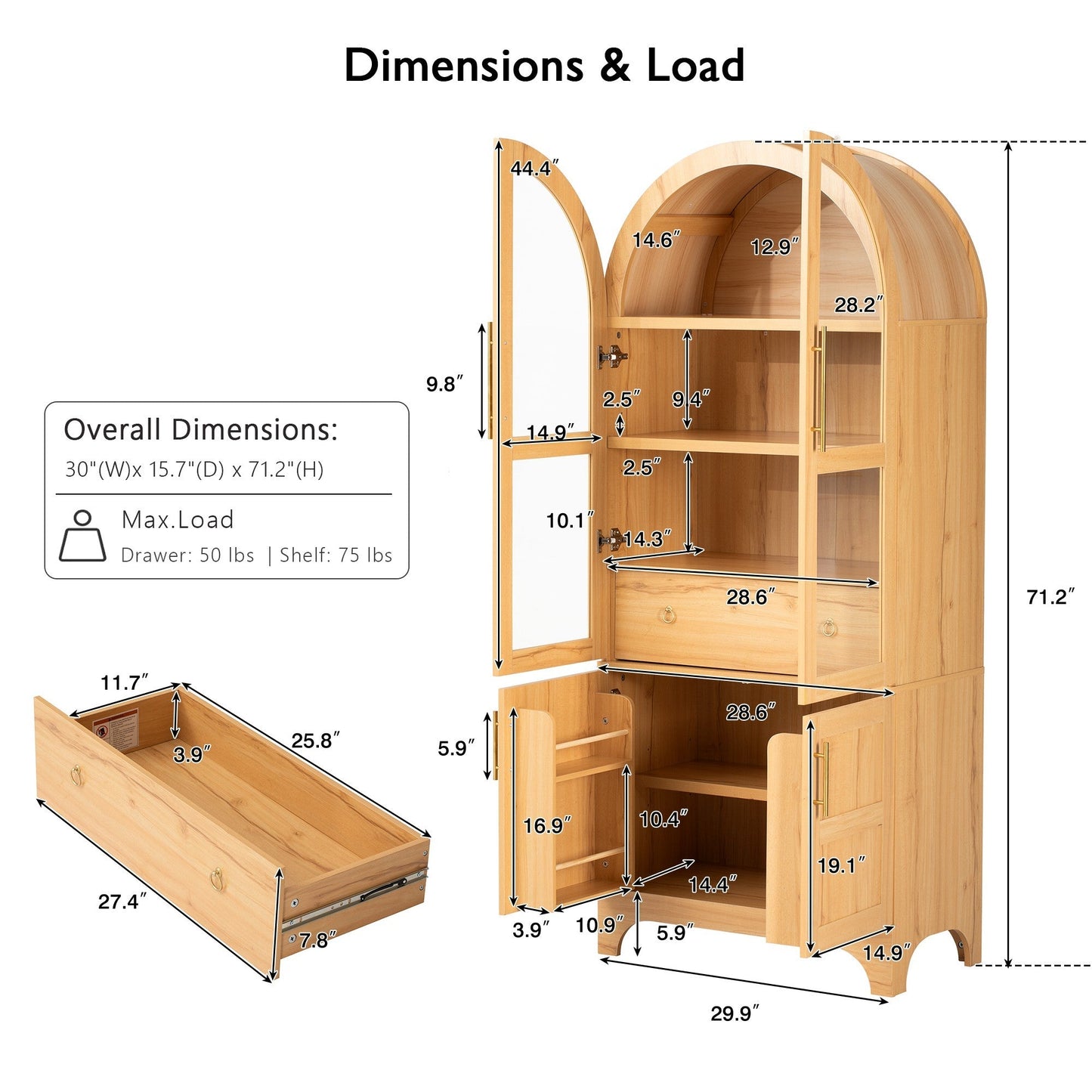 K&K 71' Tall Arched Kitchen Pantry Cabinet with Adjustable Shelves