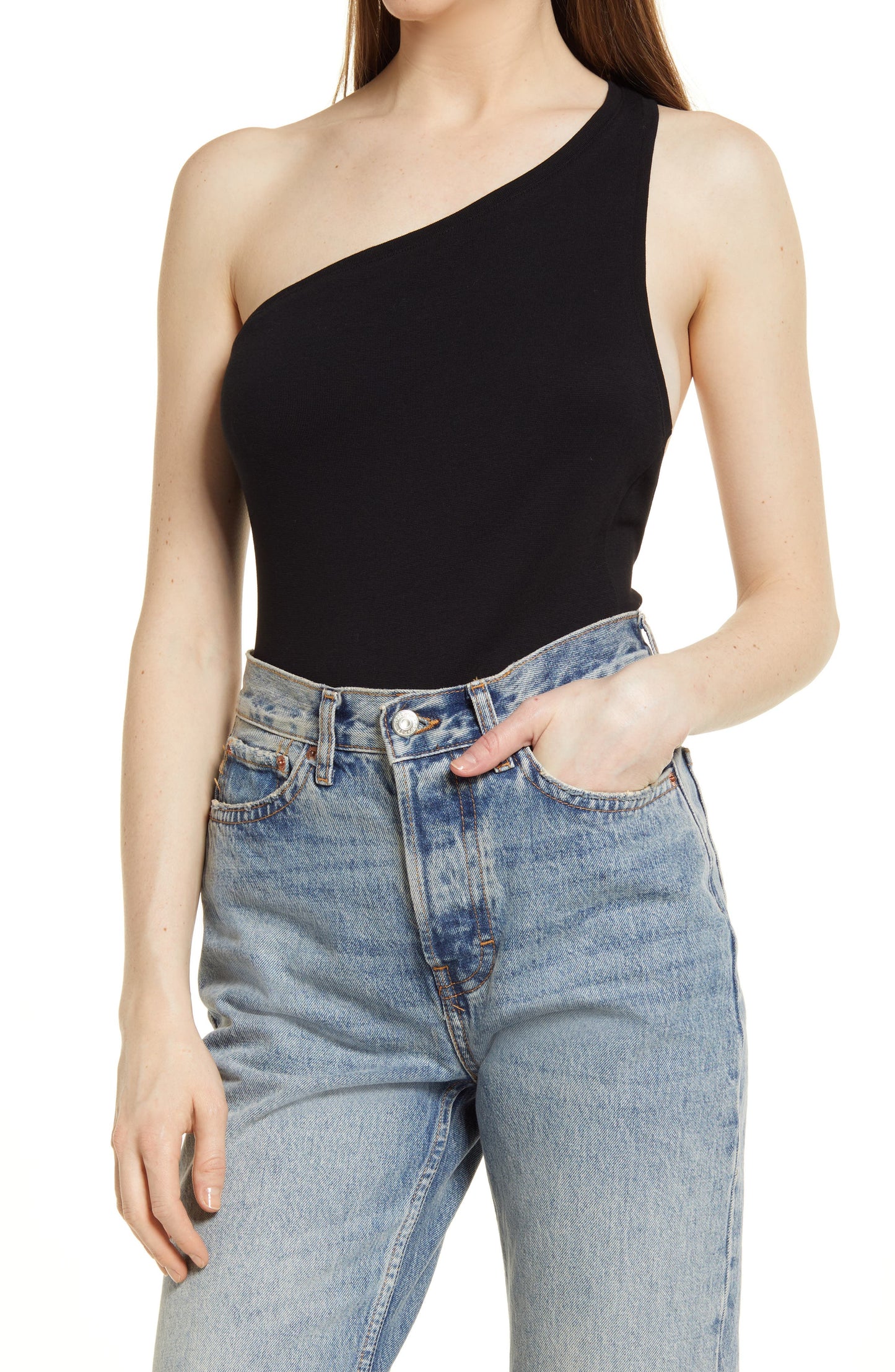 Topshop One-Shoulder Bodysuit In Black Size Large