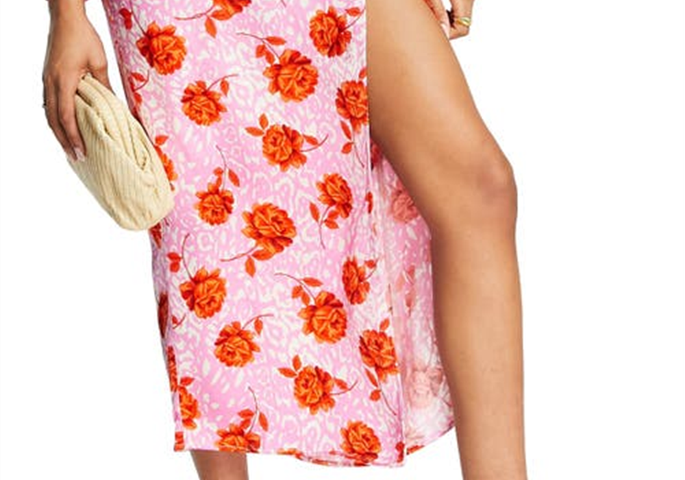 Topshop Pink Floral Satin Midi Skirt Size 8 US