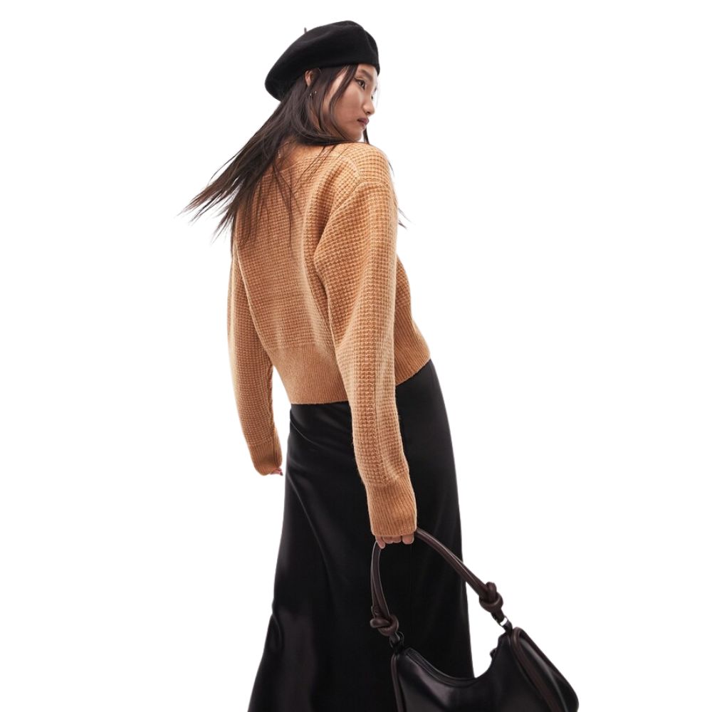 Topshop Women's Camel Waffle Knit Crop Cardigan