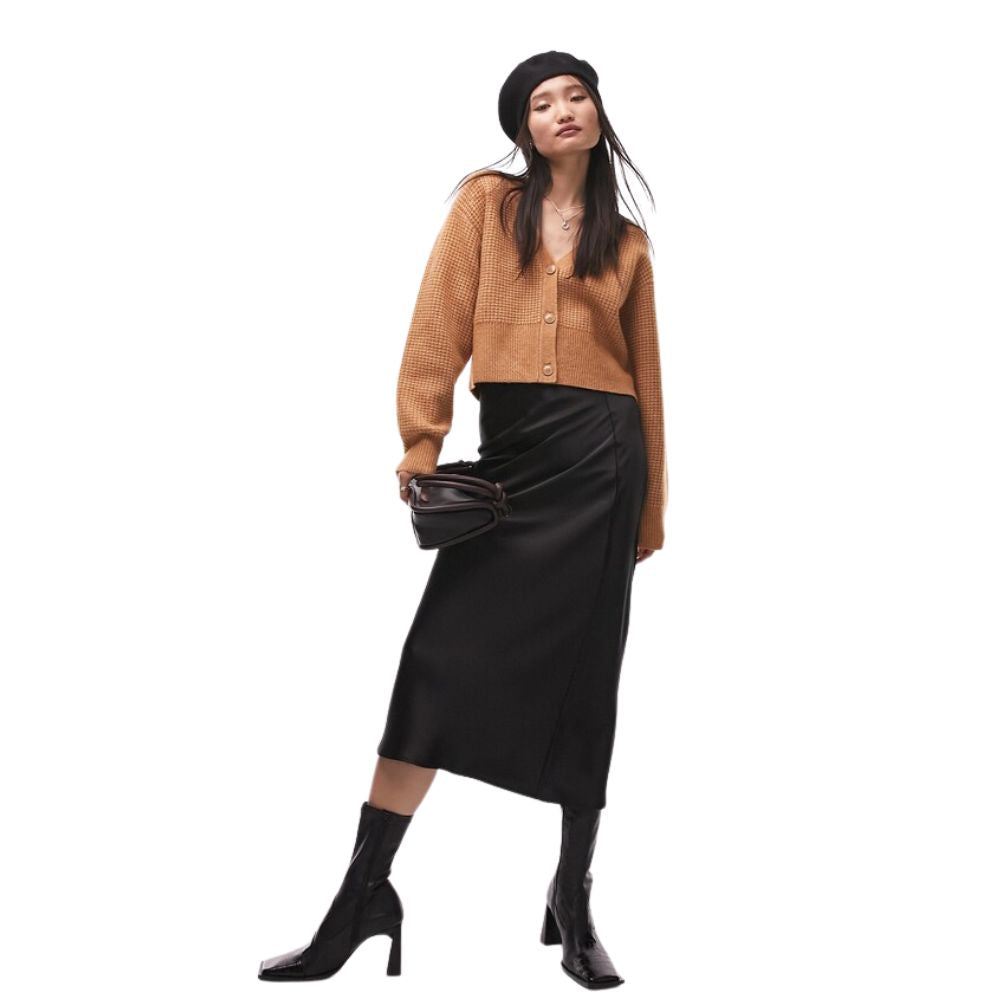 Topshop Women's Camel Waffle Knit Crop Cardigan