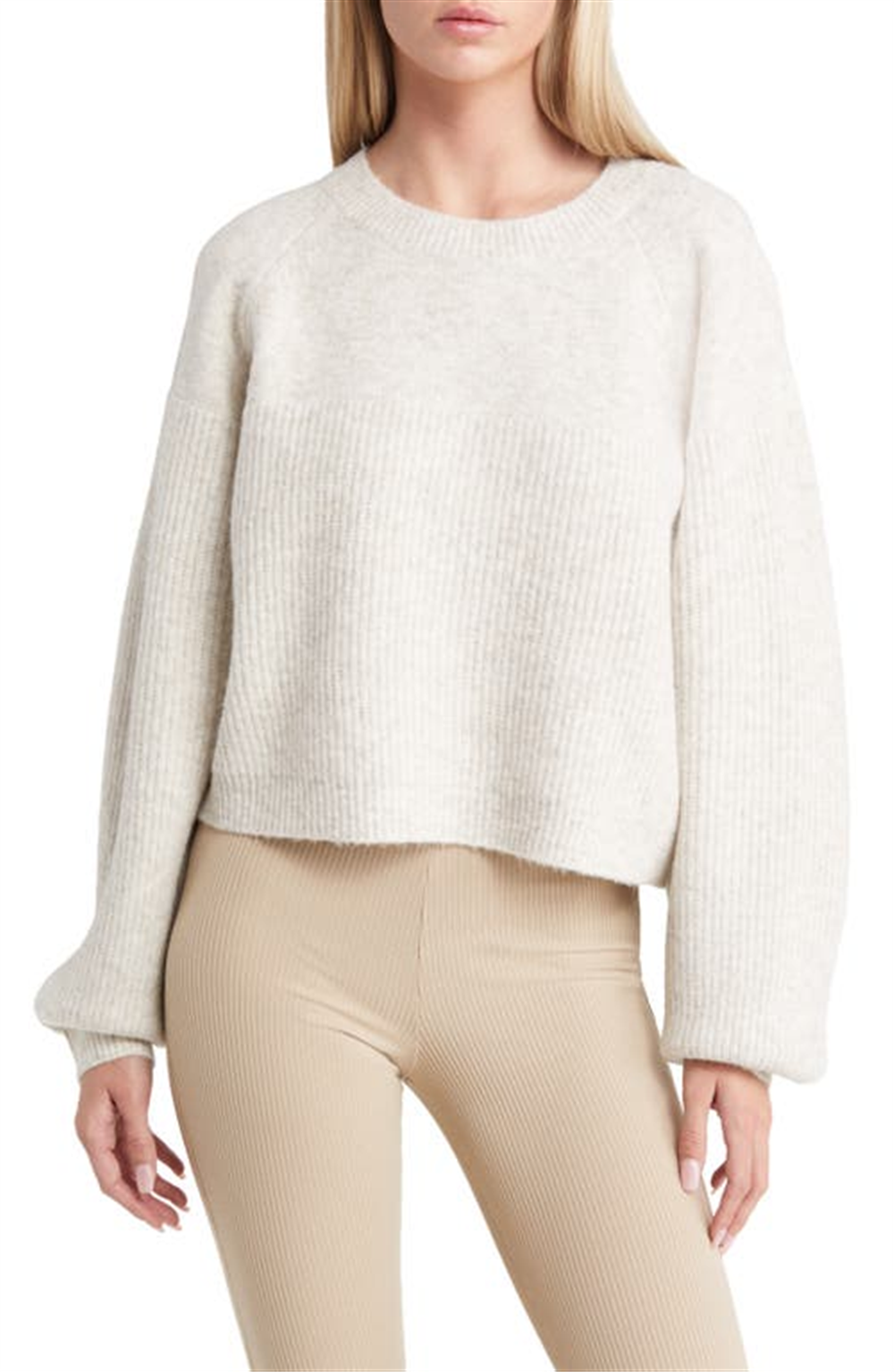 Topshop Women's Grey Marl Mixed Stitch Balloon Sleeve Crop Sweater Size X-Small