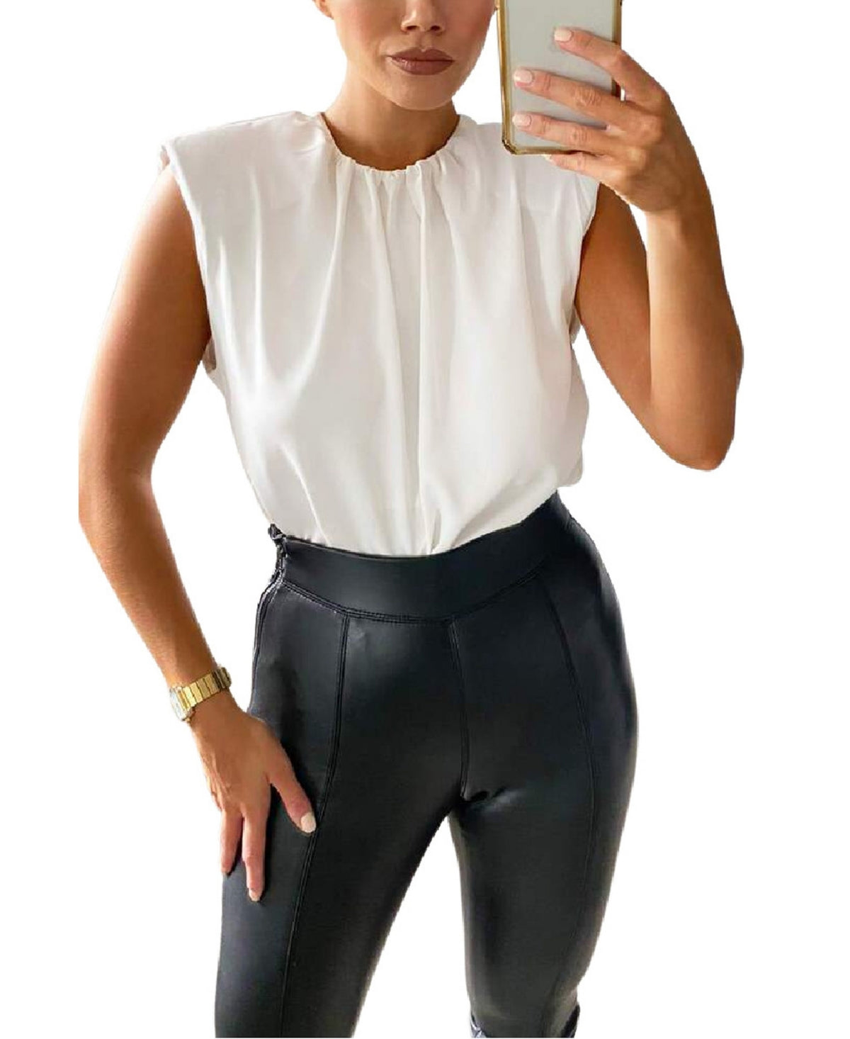 AX Paris Women's Padded Shoulder Sleeveless Blouse White Size 8