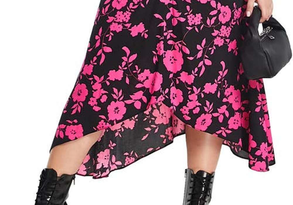 ASOS डिज़ाइन कर्व साइज़ 12W US मल्टी में फ्लोरल रूच्ड एसिमेट्रिक मिडी स्कर्ट